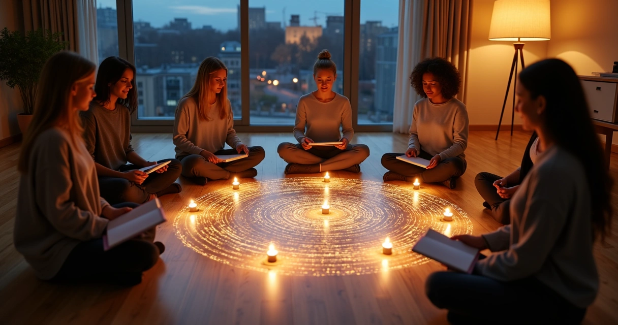 Group forming a gratitude circle around a glowing pattern on the floor 