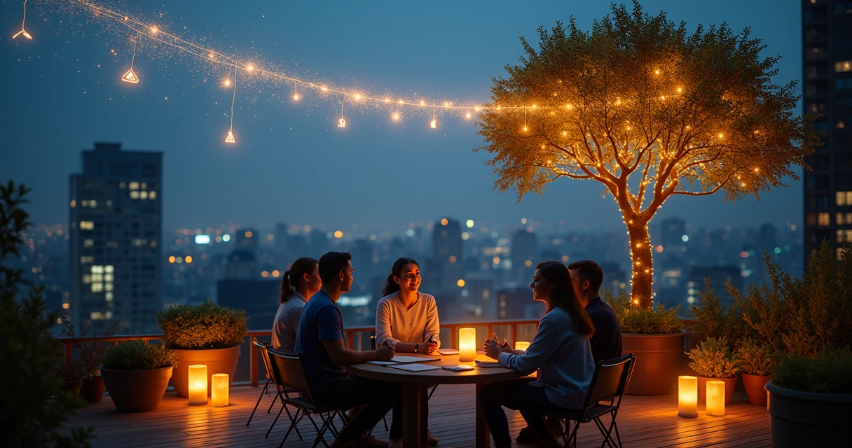 Night city rooftop garden with glowing gratitude connections in the sky 
