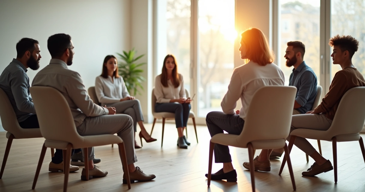Diverse group in circle connected by light lines 
