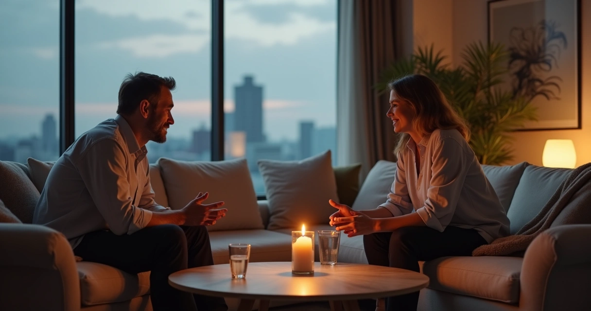 Two people in quiet conversation with soft light forming a bridge between them 