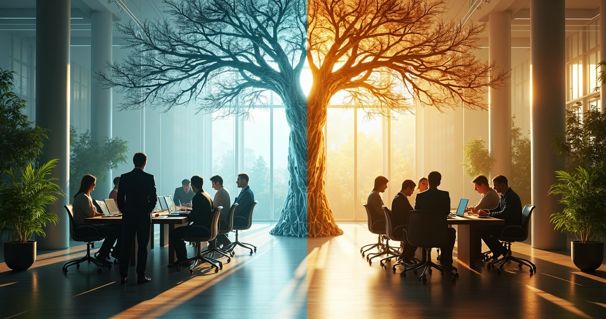 Room divided by fractured glass tree between chaos and harmony 