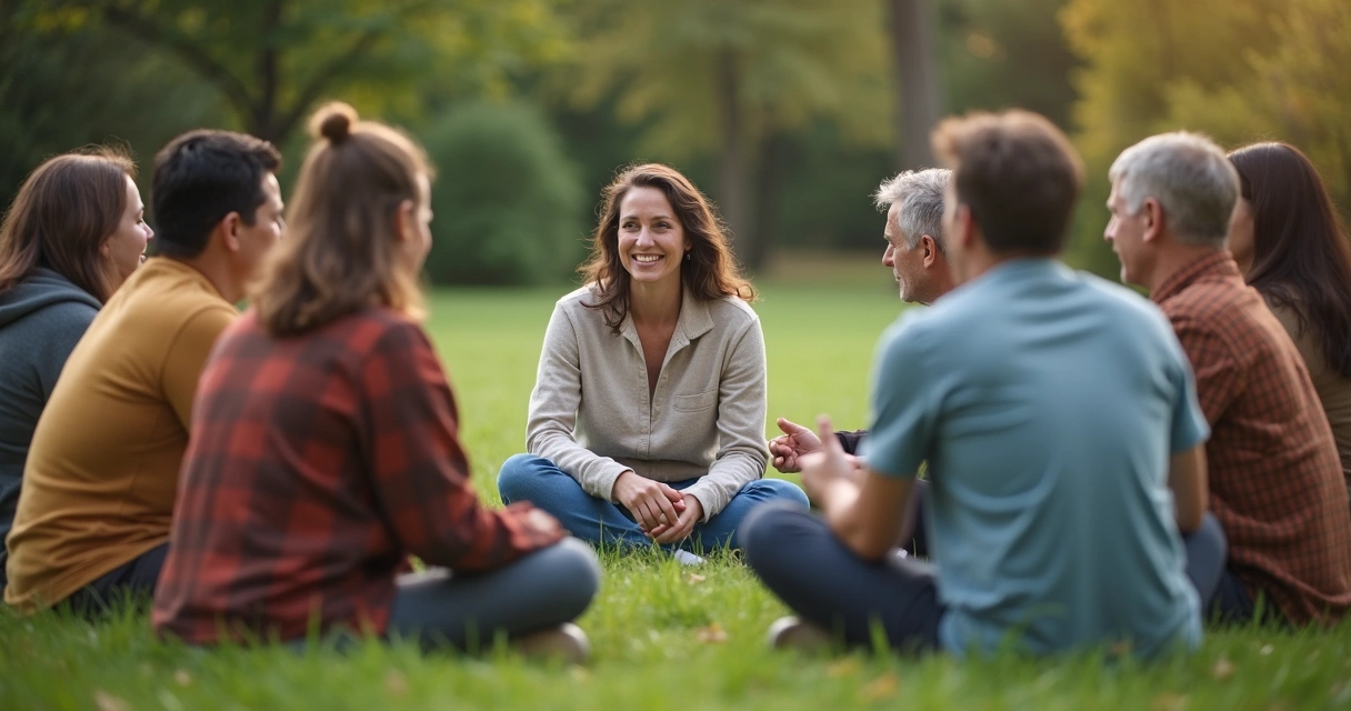 Group of friends sitting in a circle outside, engaging in open conversation 