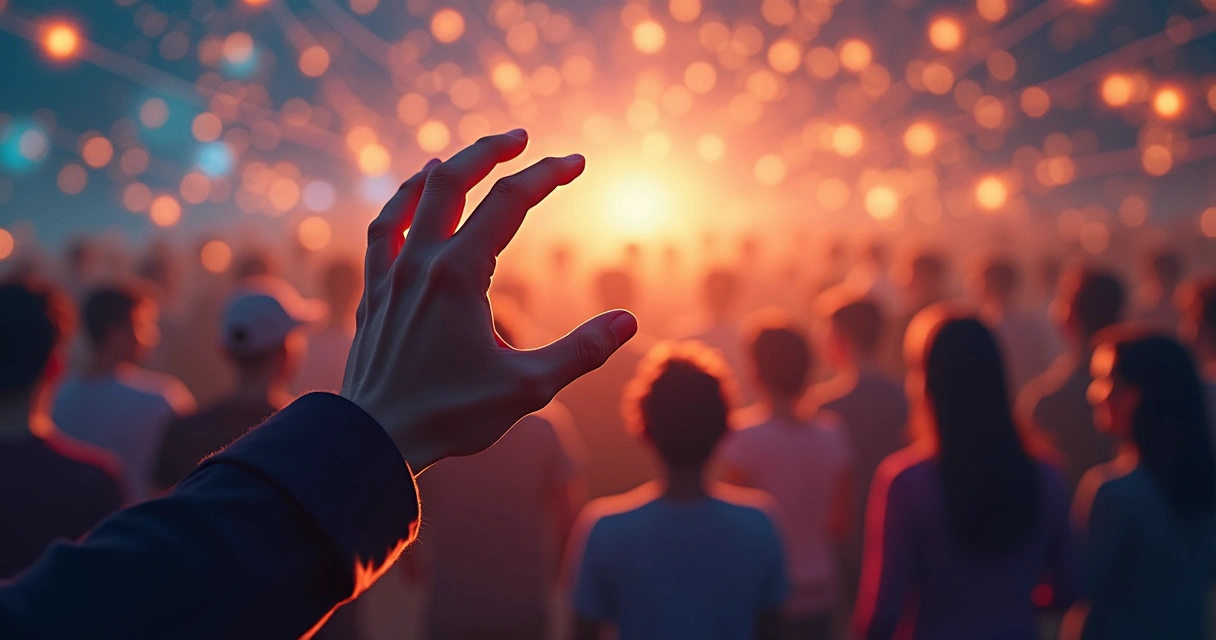 Web of multicolored lines showing the ripple effect of one action through a crowd