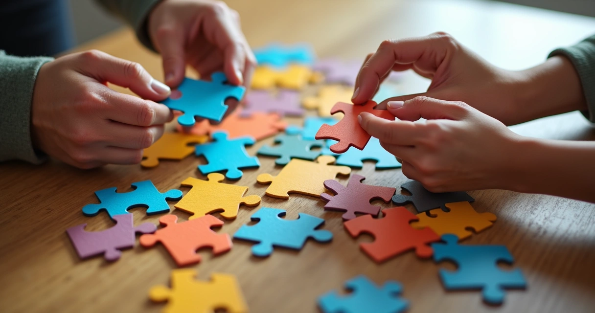 Hands holding puzzle pieces that form a connected system 
