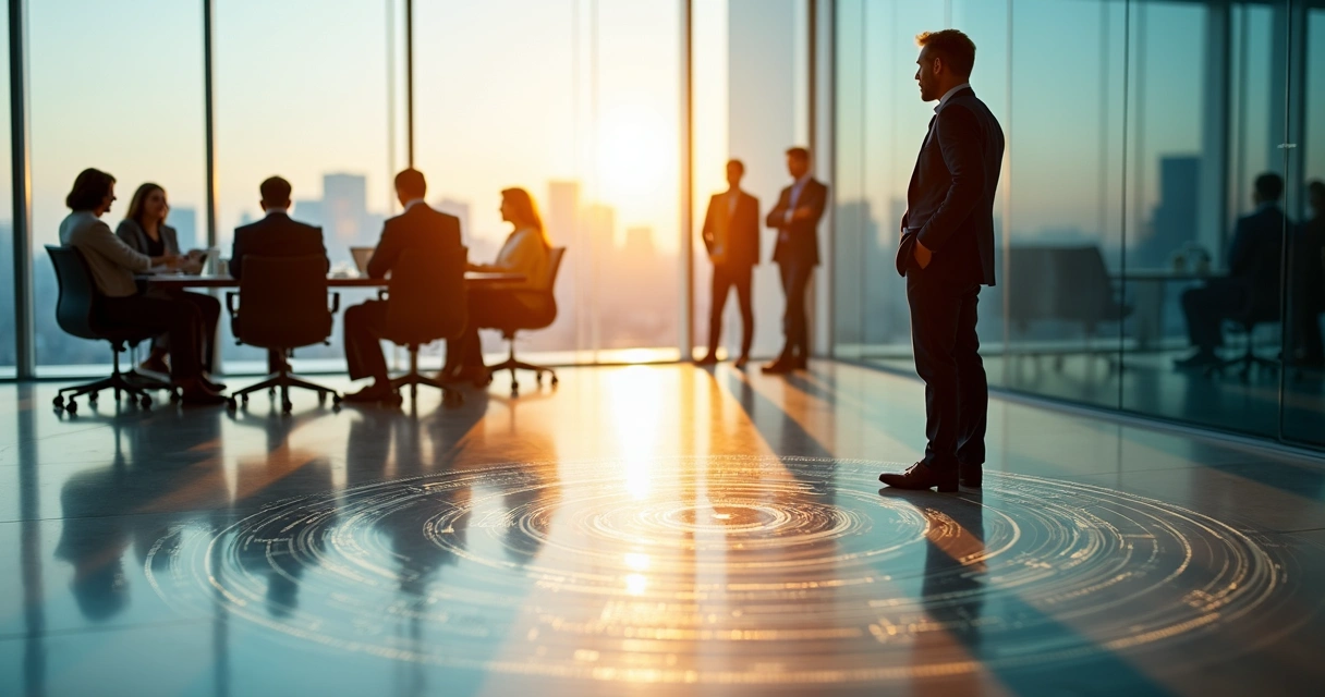 Leader at crossroads with hidden shadow patterns around team 