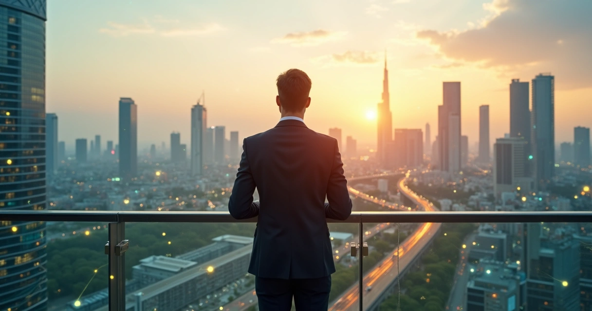 Leader overlooking interconnected city network at sunrise 