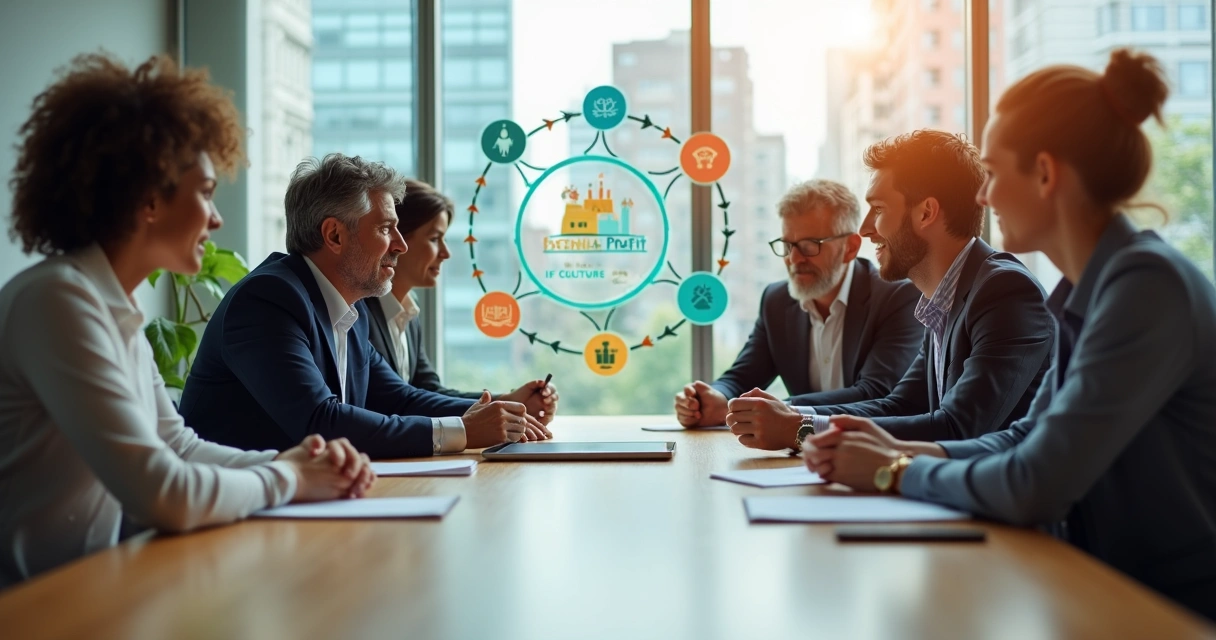 Diverse leaders around a table viewing an interconnected systems diagram 