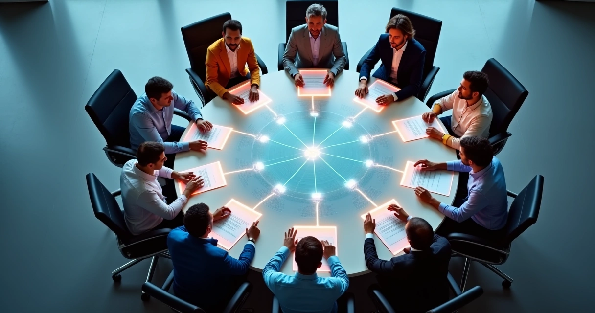 Team of professionals in circular formation, viewed from above, with connecting lines symbolizing systemic relationships.