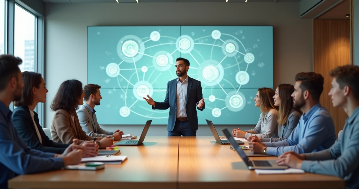 Diverse leadership team around a table viewing an illuminated systems diagram 