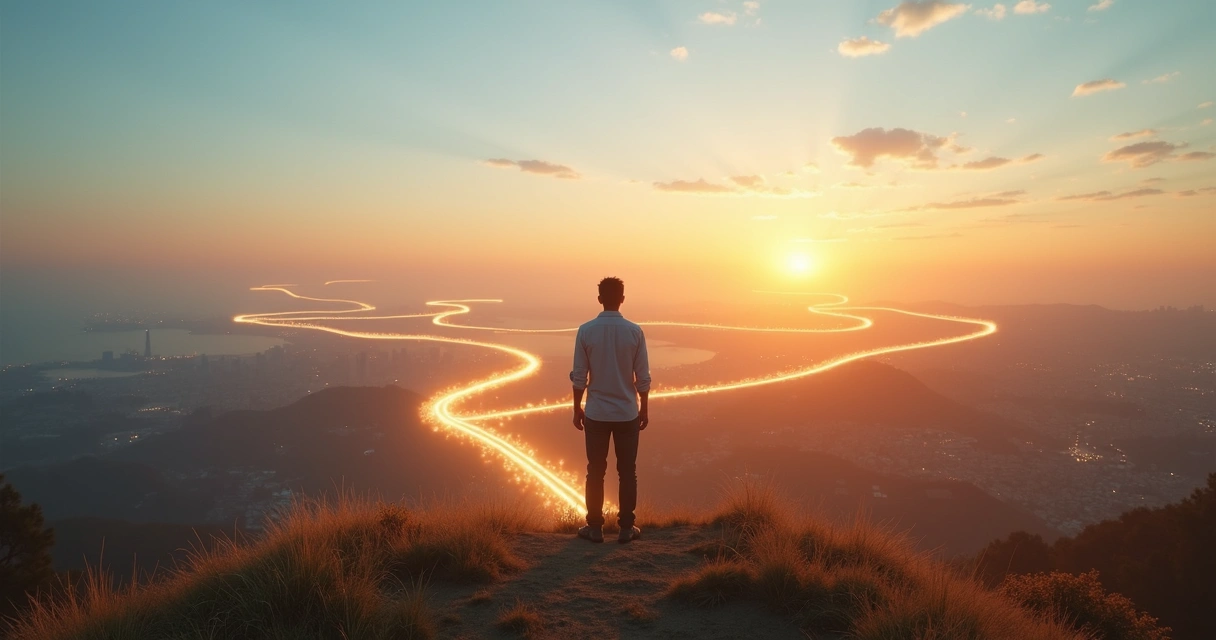 Person standing at a crossroads with branching paths symbolizing systemic life transitions 