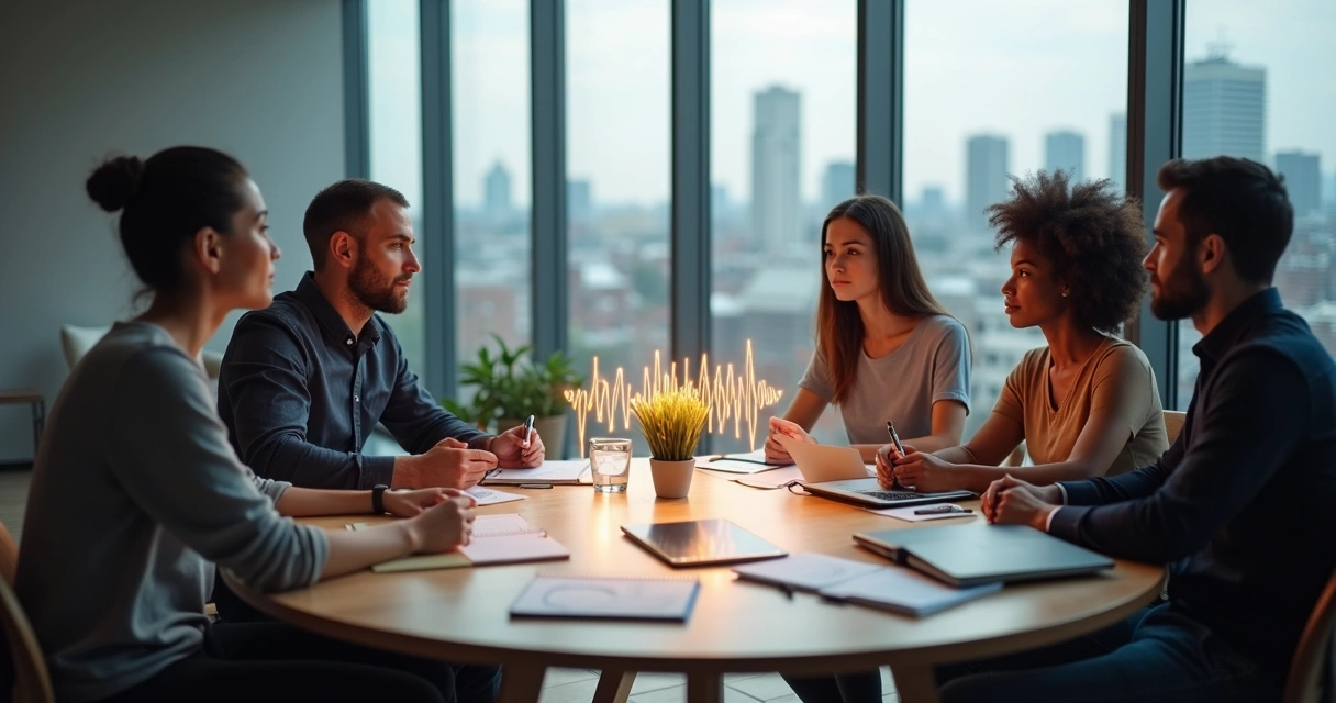Team around table with sound waves connecting their conversations 