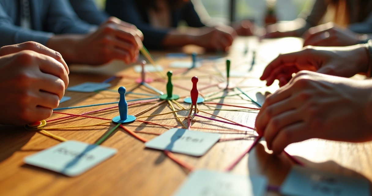 Hands connecting strings on a complex map representing systemic relationships 