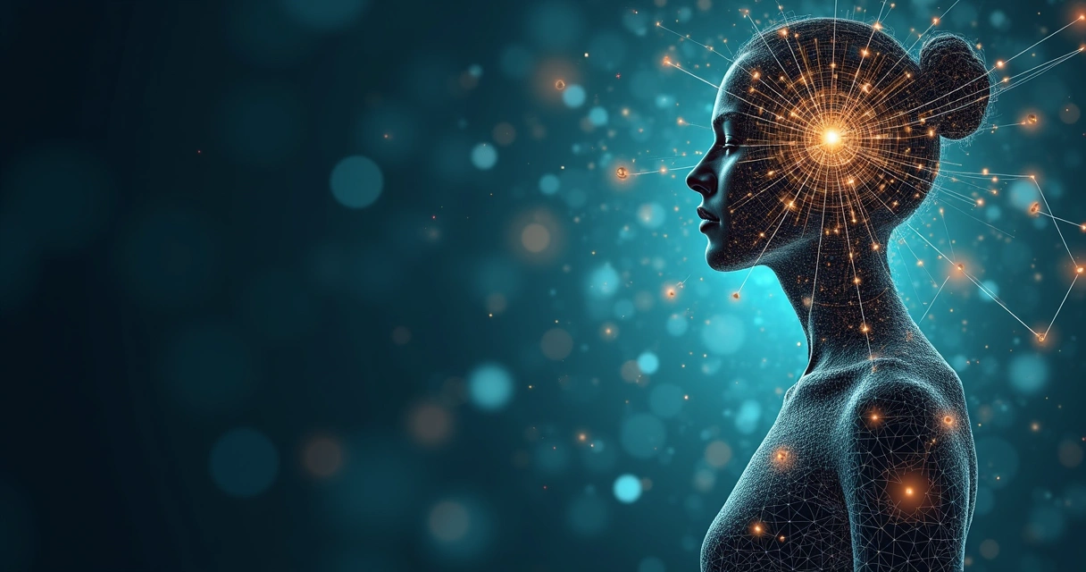 Abstract human silhouette surrounded by interconnected systems and glowing patterns 