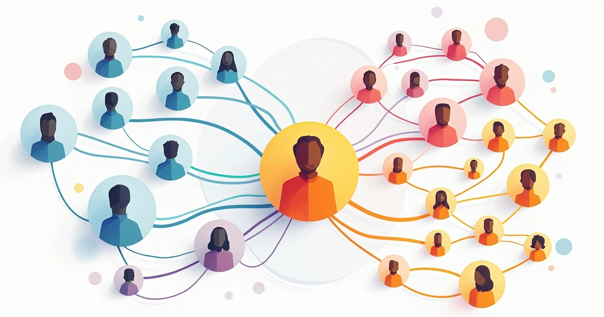 Colorful mind map connecting individuals and team roles 