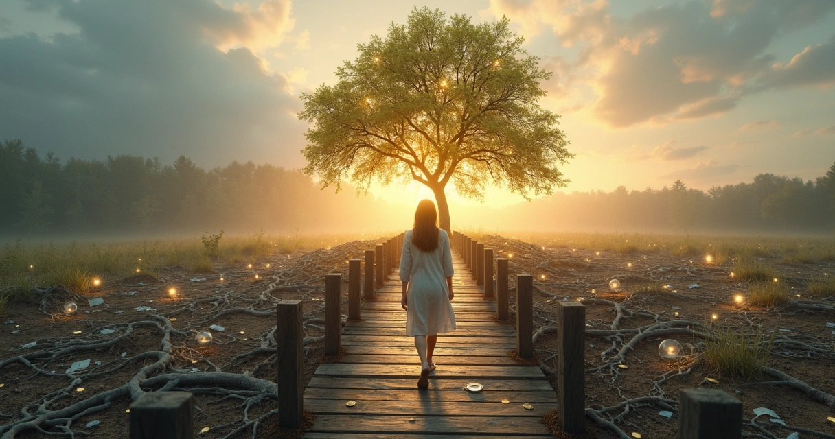 Person crossing a bridge from gray roots to a golden money tree 