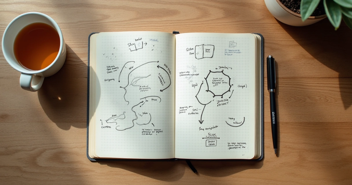 Notebook with circles, names, and arrows on a wooden table 
