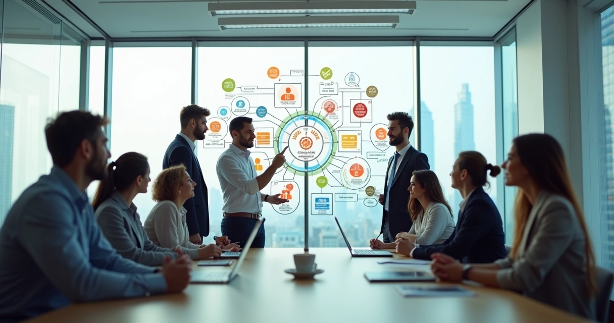 Executive team viewing interconnected systems diagram on glass wall 