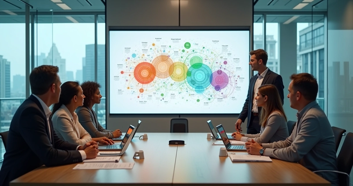 Executive team in glass-walled office viewing organizational culture map on large screen 