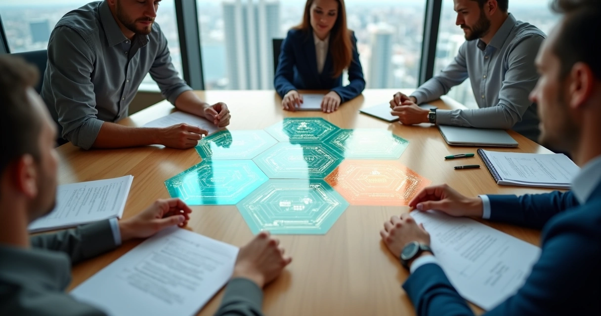 Overhead view of diverse team assembling a translucent systems map on a large office table 