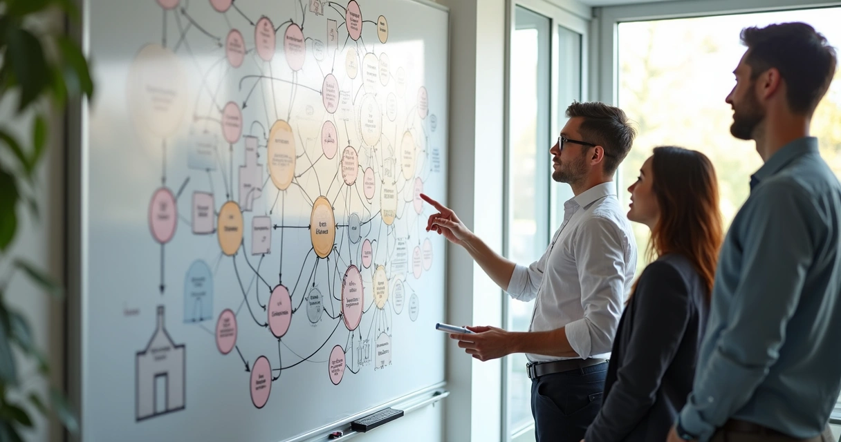 Whiteboard with interconnected circles and arrows, people pointing at patterns 