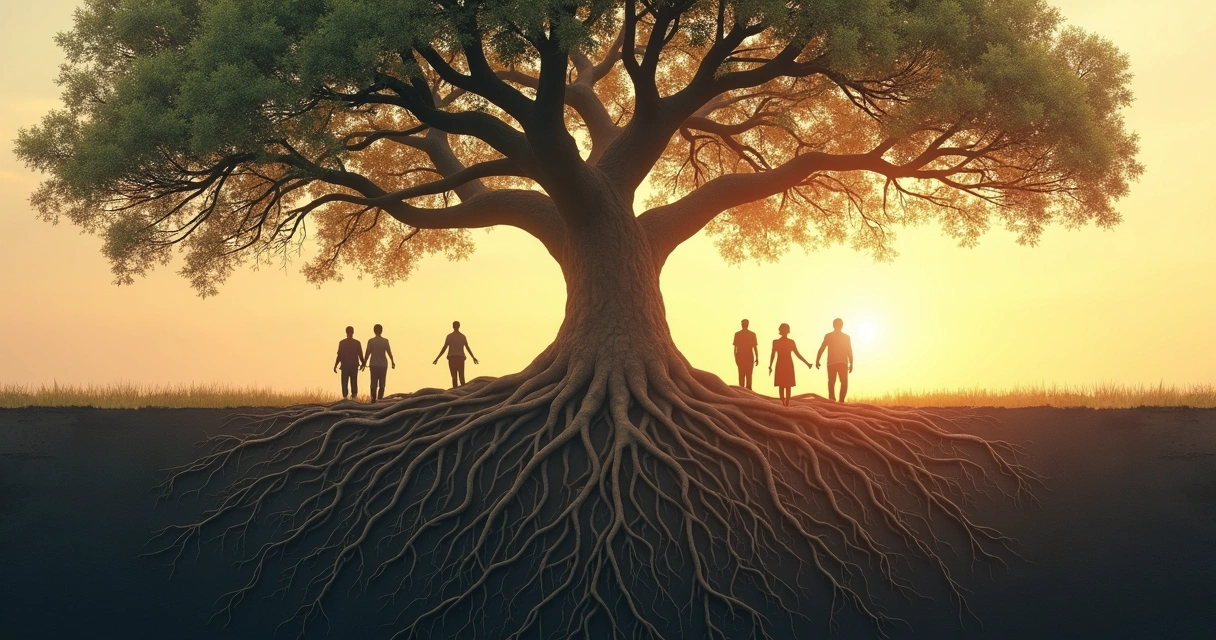 Tree with intricate root system growing into interconnected human silhouettes. 