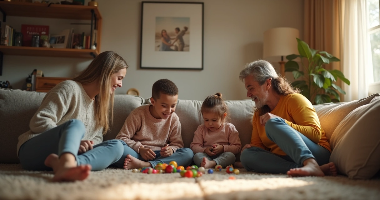 Generational family gathered together in a living room, showing different generations interacting 