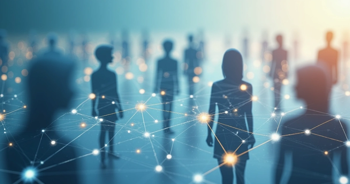 Abstract visualization of interconnected lines and human silhouettes symbolizing influence. 