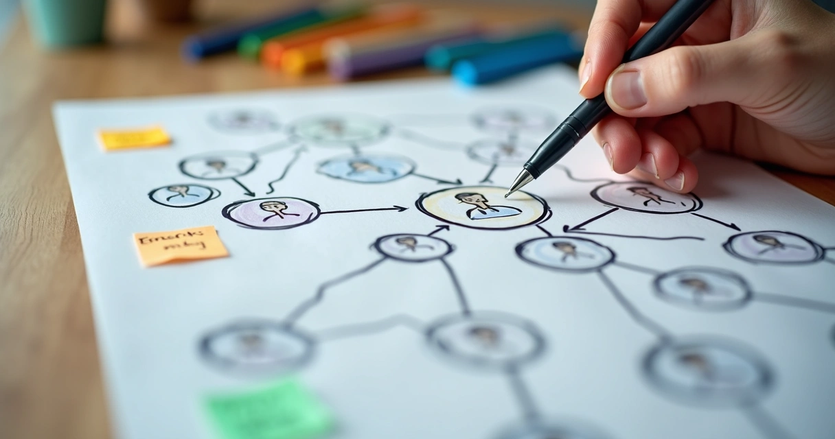 Hand drawing a systemic relationship map with interconnected people and arrows 