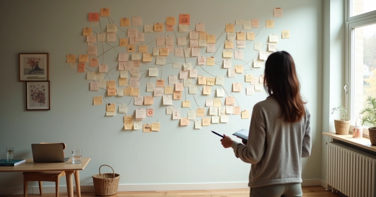 Person standing before a wall filled with connected notes and symbols 