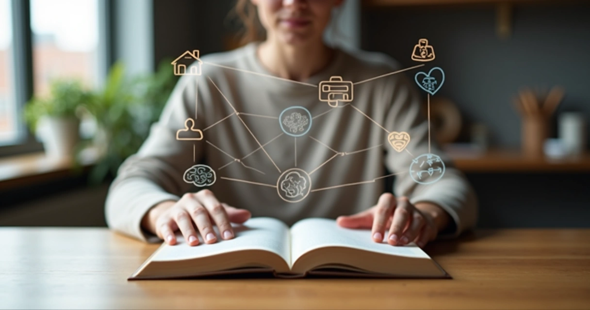 Person reading a book surrounded by interconnected life icons 