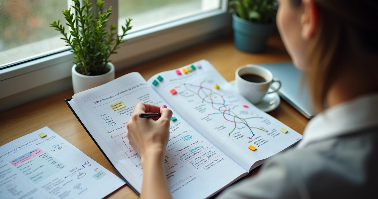 Woman at a desk reading a book surrounded by notes, connected arrows, and diagrams showing links between concepts 
