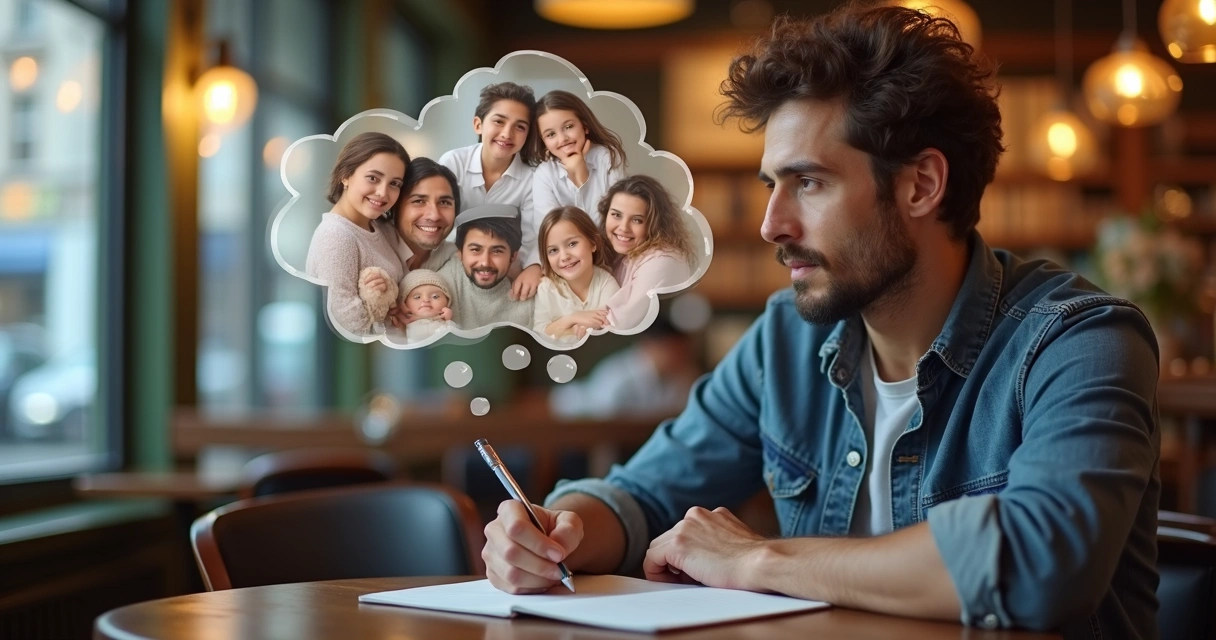 Man writing in a journal, thought bubbles with connected memories and emotions 