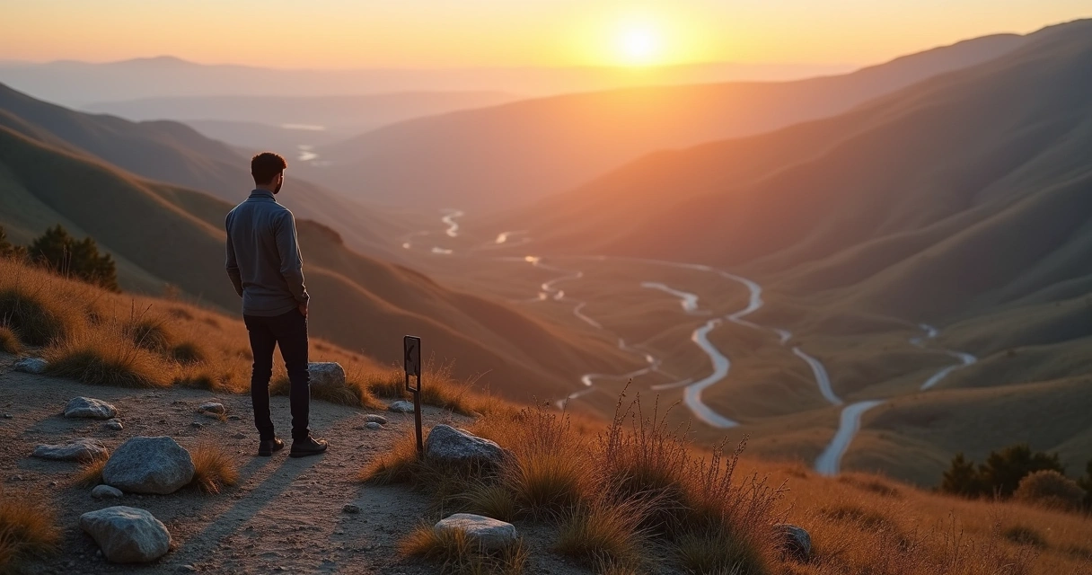 Person on a hill viewing a landscape of branching paths symbolizing life choices 
