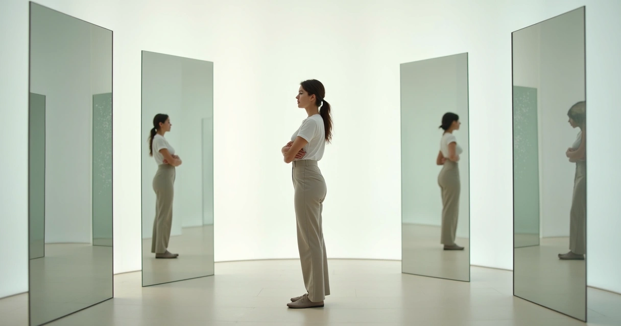 Woman reflected in multiple mirrors connected by subtle lines 