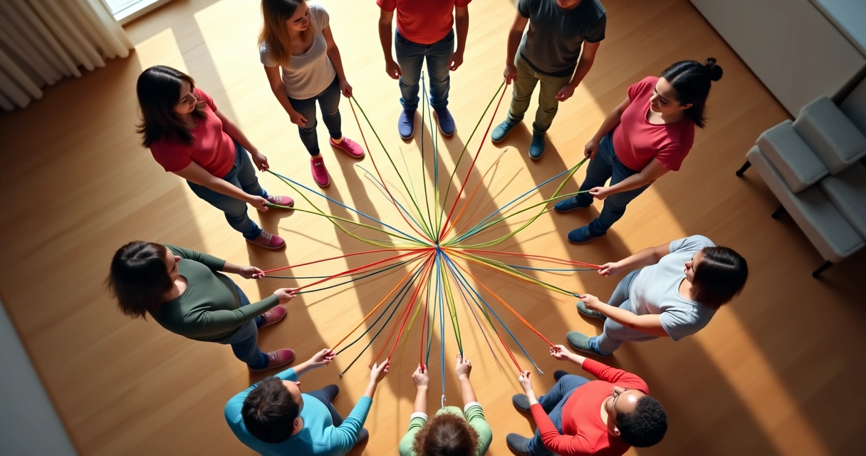 Network of people holding strings, showing connection paths 