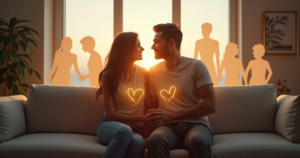 Couple surrounded by translucent family silhouettes connected by subtle lines 