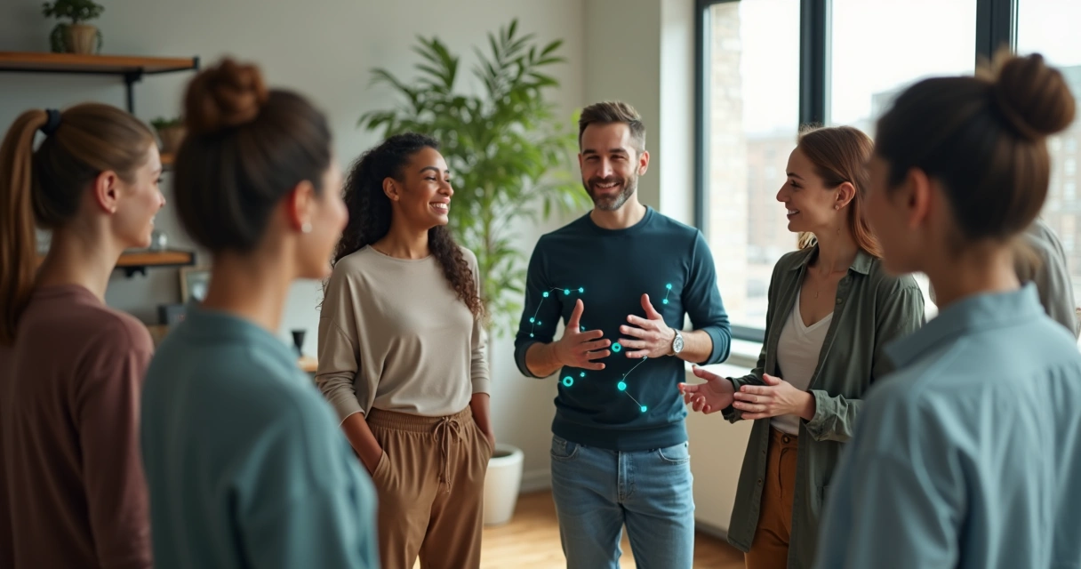 People connected by glowing lines in an abstract relationship network 