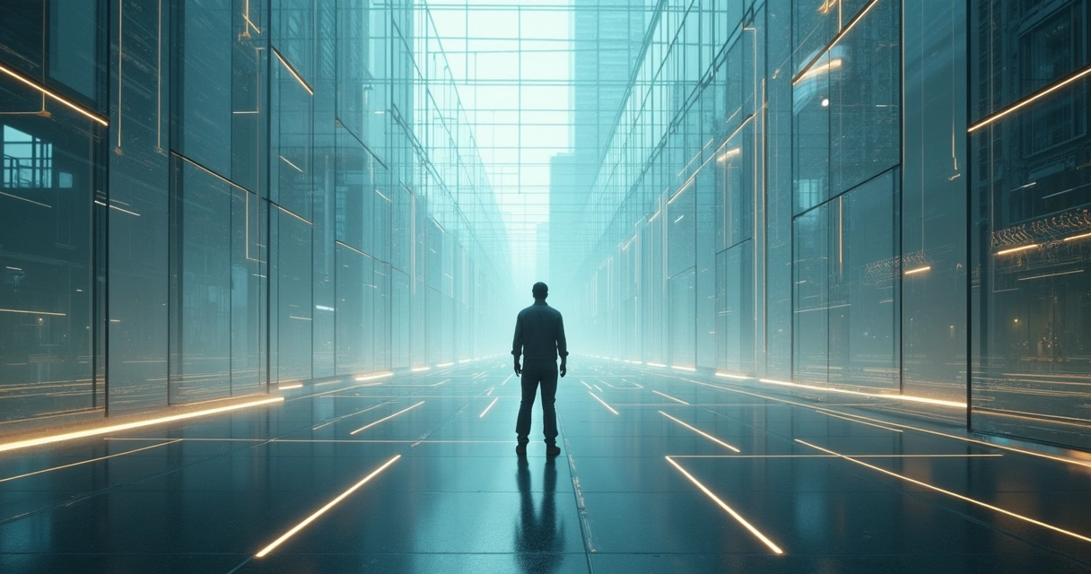 Person facing invisible geometric barriers in a maze-like cityscape 