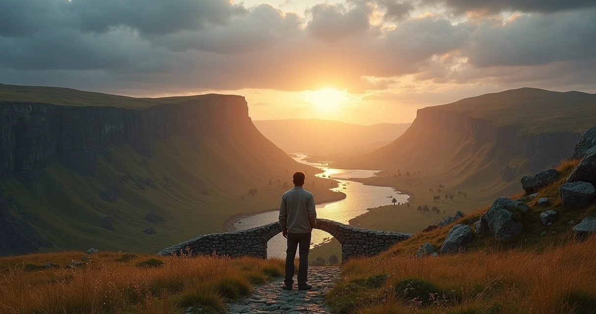 Person on a hill viewing two contrasting valleys symbolizing blame and responsibility 