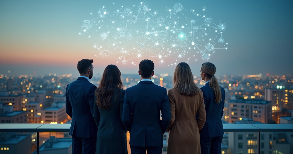 Diverse leaders connected by a glowing network over a cityscape 