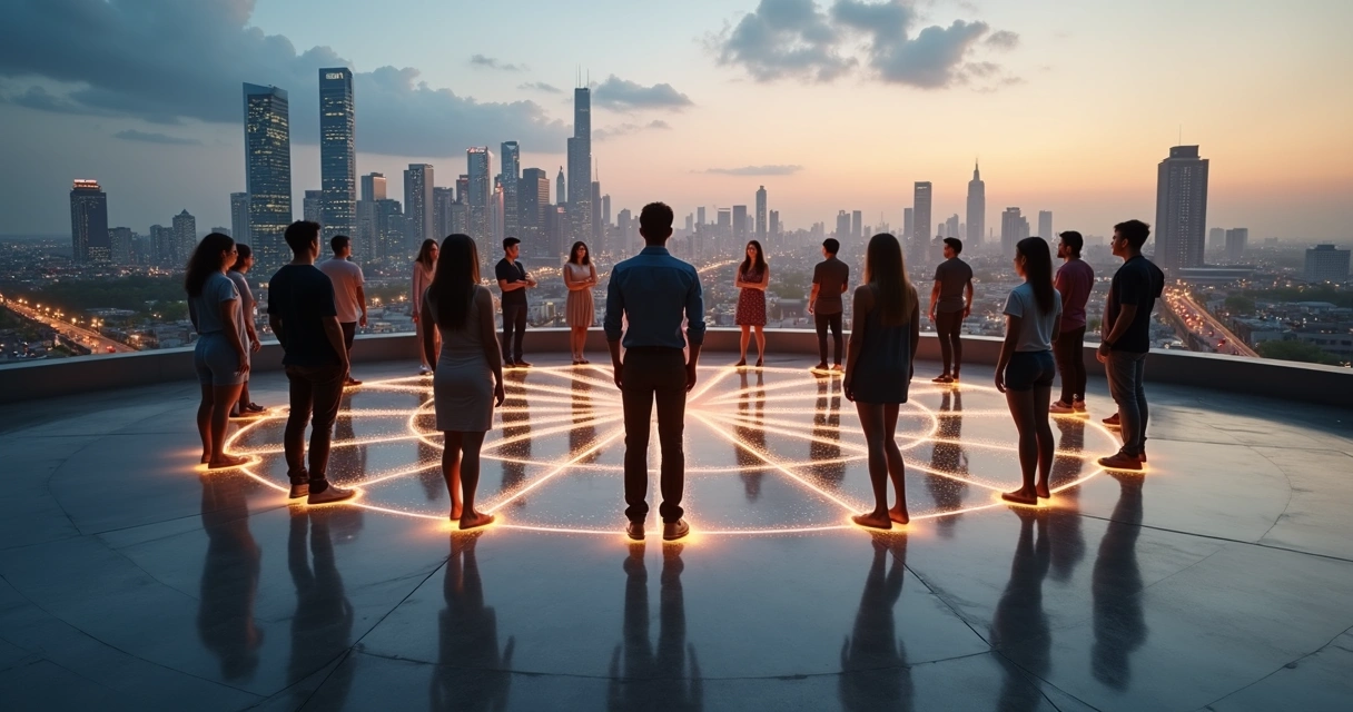 People connected by glowing lines forming a human and city network 