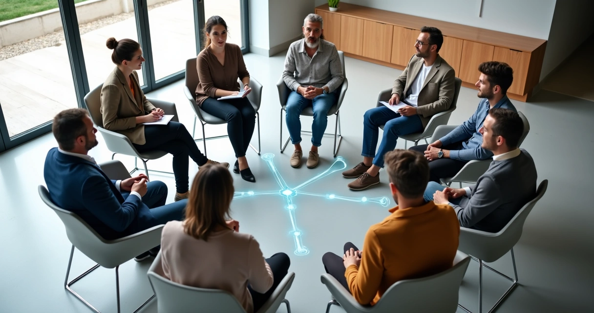 A diverse group seen from above connected by glowing lines in a circular network 