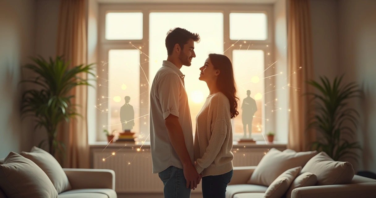 Couple facing each other with family silhouettes behind them connected by subtle lines 