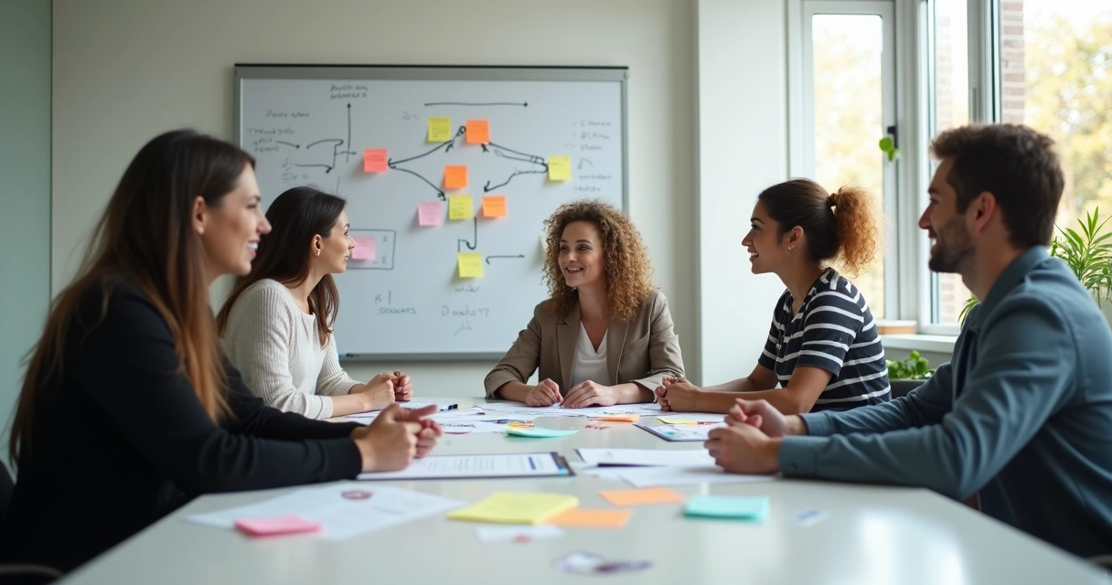 Office workers in a meeting showing different roles