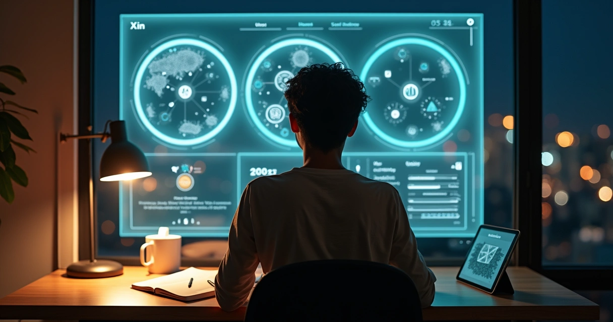 Person at desk analyzing overlapping mind body and behavior diagrams on translucent wall 