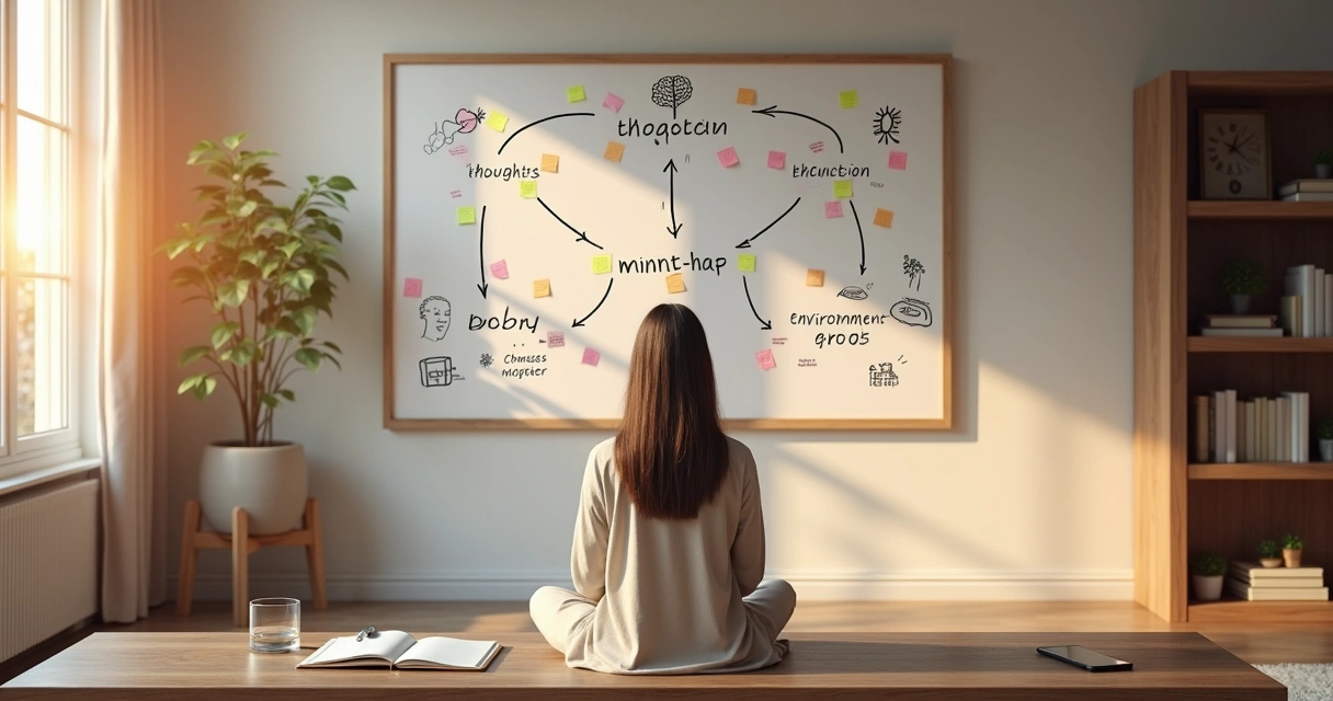 Person observing mind map of thoughts emotions body and environment on wall 