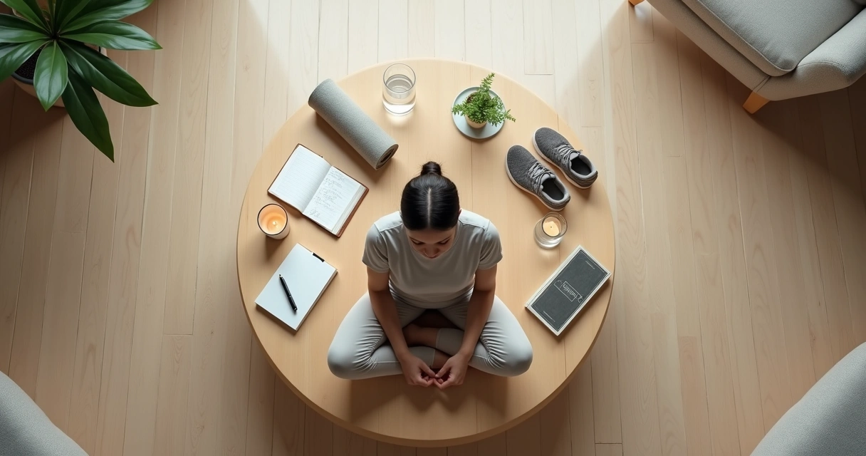 Person meditating in a circle of seven symbolic objects for self-care rituals 
