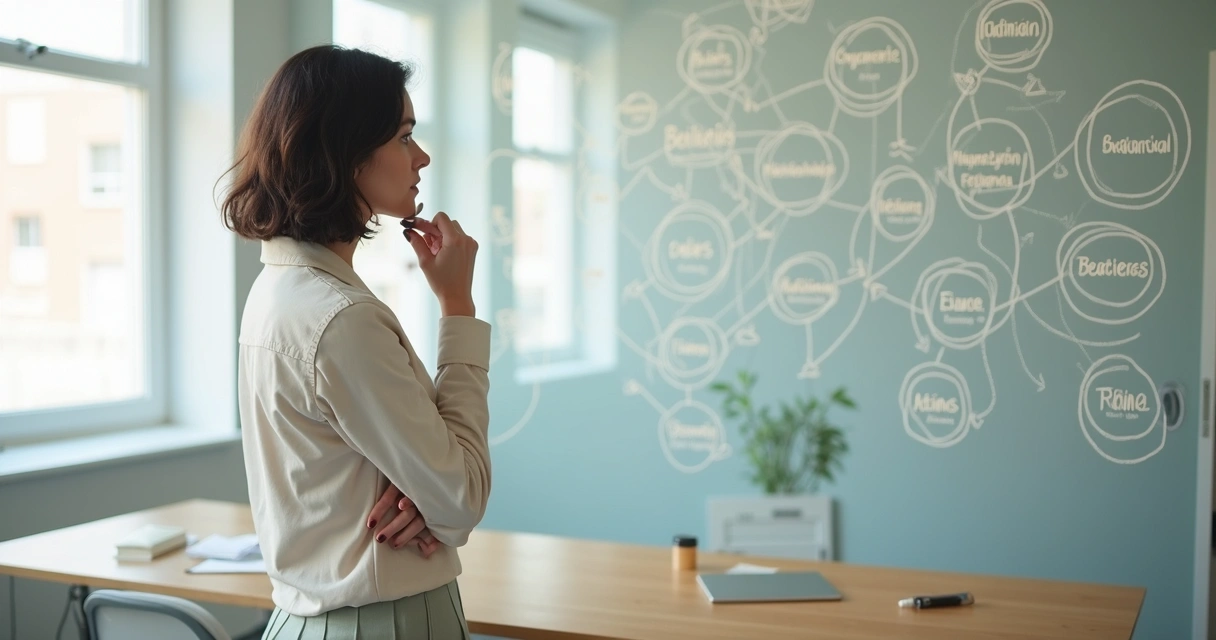 Woman observing interconnected diagrams on glass wall 