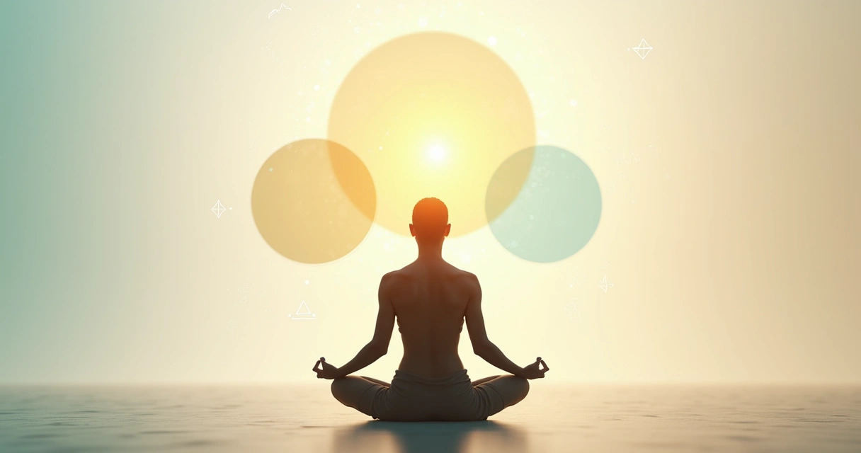 Person meditating inside overlapping circles representing mind heart and purpose 