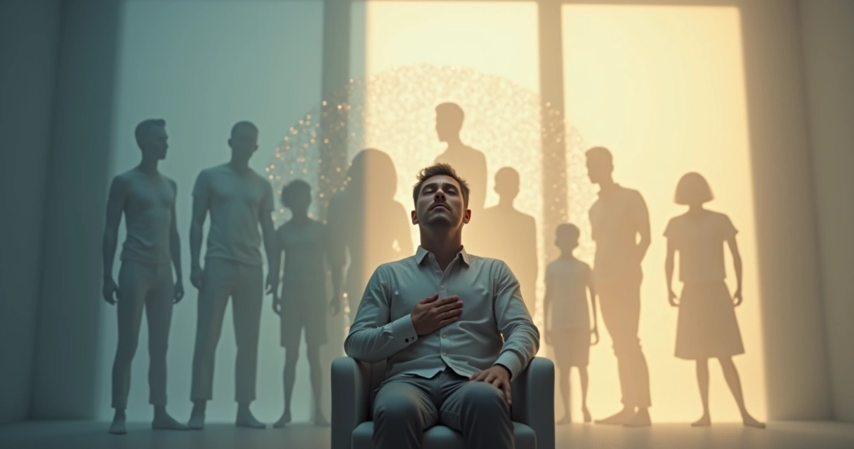 Person surrounded by intertwined silhouettes symbolizing systemic shame 